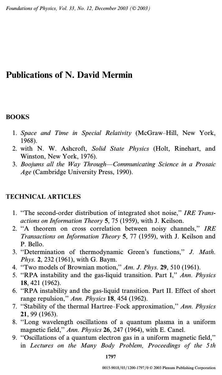 Publications of N. David Mermin by Unknown