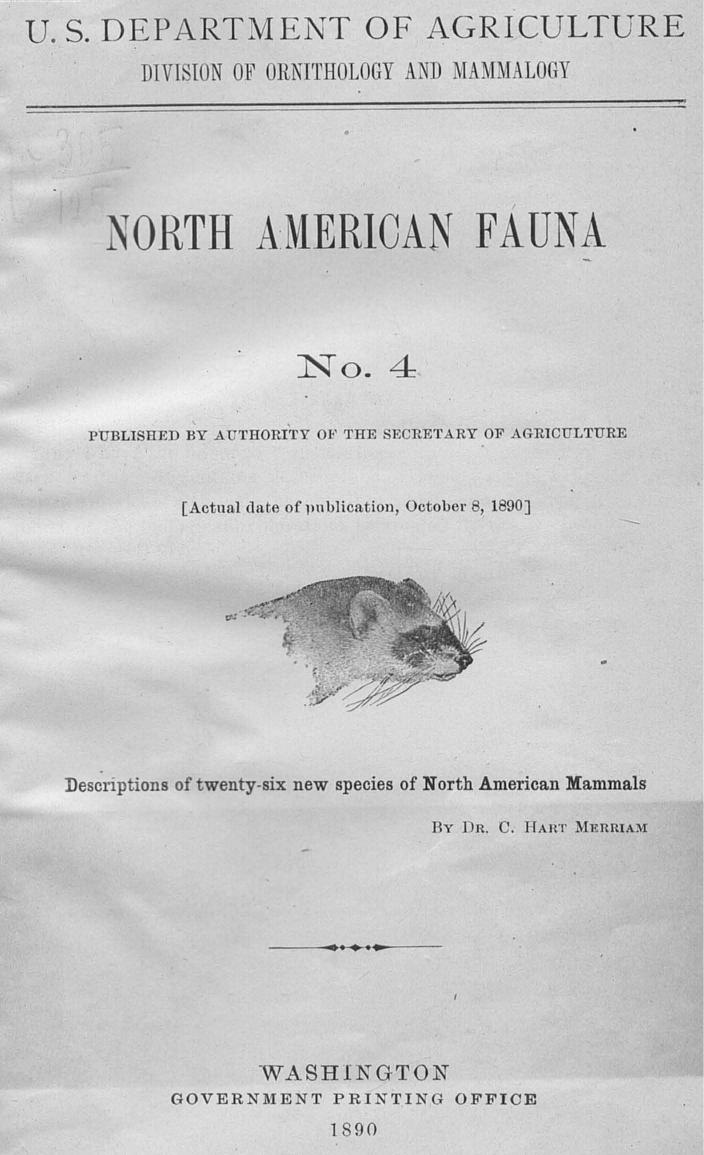 Published BY Authority OF THE Secretary OF Agriculture [actual DATE OF Publication - North american fauna description of twenty-six new species of north american mam by 1890