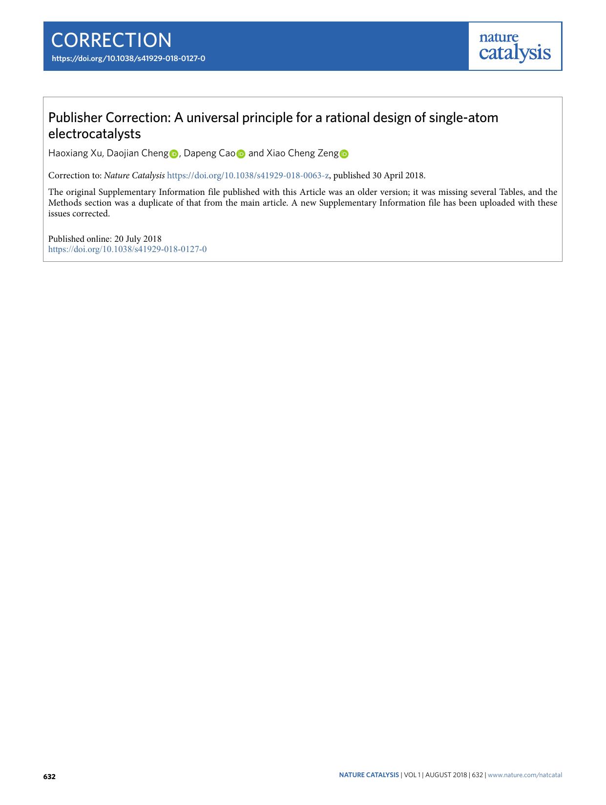 Publisher Correction: A universal principle for a rational design of single-atom electrocatalysts by Haoxiang Xu & Daojian Cheng & Dapeng Cao & Xiao Cheng Zeng