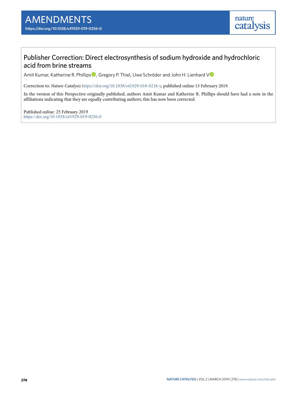 Publisher Correction: Direct electrosynthesis of sodium hydroxide and hydrochloric acid from brine streams by Amit Kumar & Katherine R. Phillips & Gregory P. Thiel & Uwe Schröder & John H. Lienhard
