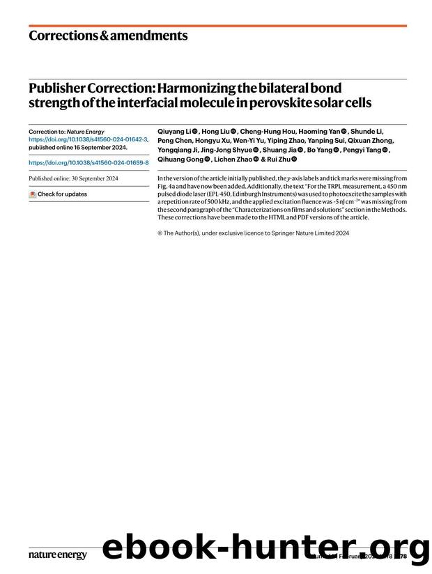 Publisher Correction: Harmonizing the bilateral bond strength of the interfacial molecule in perovskite solar cells by unknow