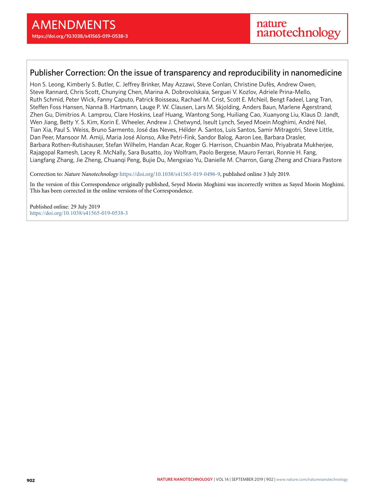 Publisher Correction: On the issue of transparency and reproducibility in nanomedicine by unknow