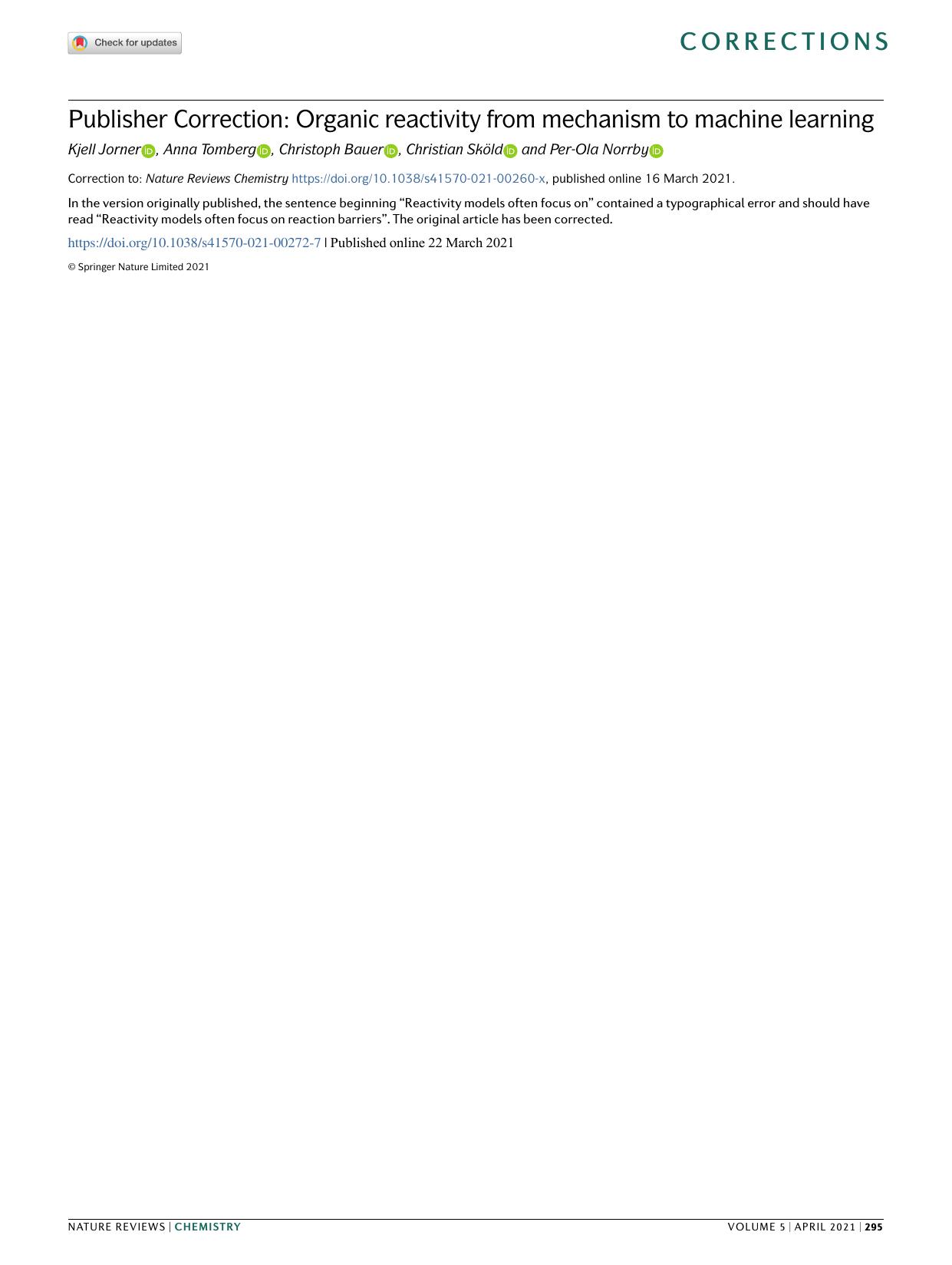 Publisher Correction: Organic reactivity from mechanism to machine learning by Kjell Jorner & Anna Tomberg & Christoph Bauer & Christian Sköld & Per-Ola Norrby