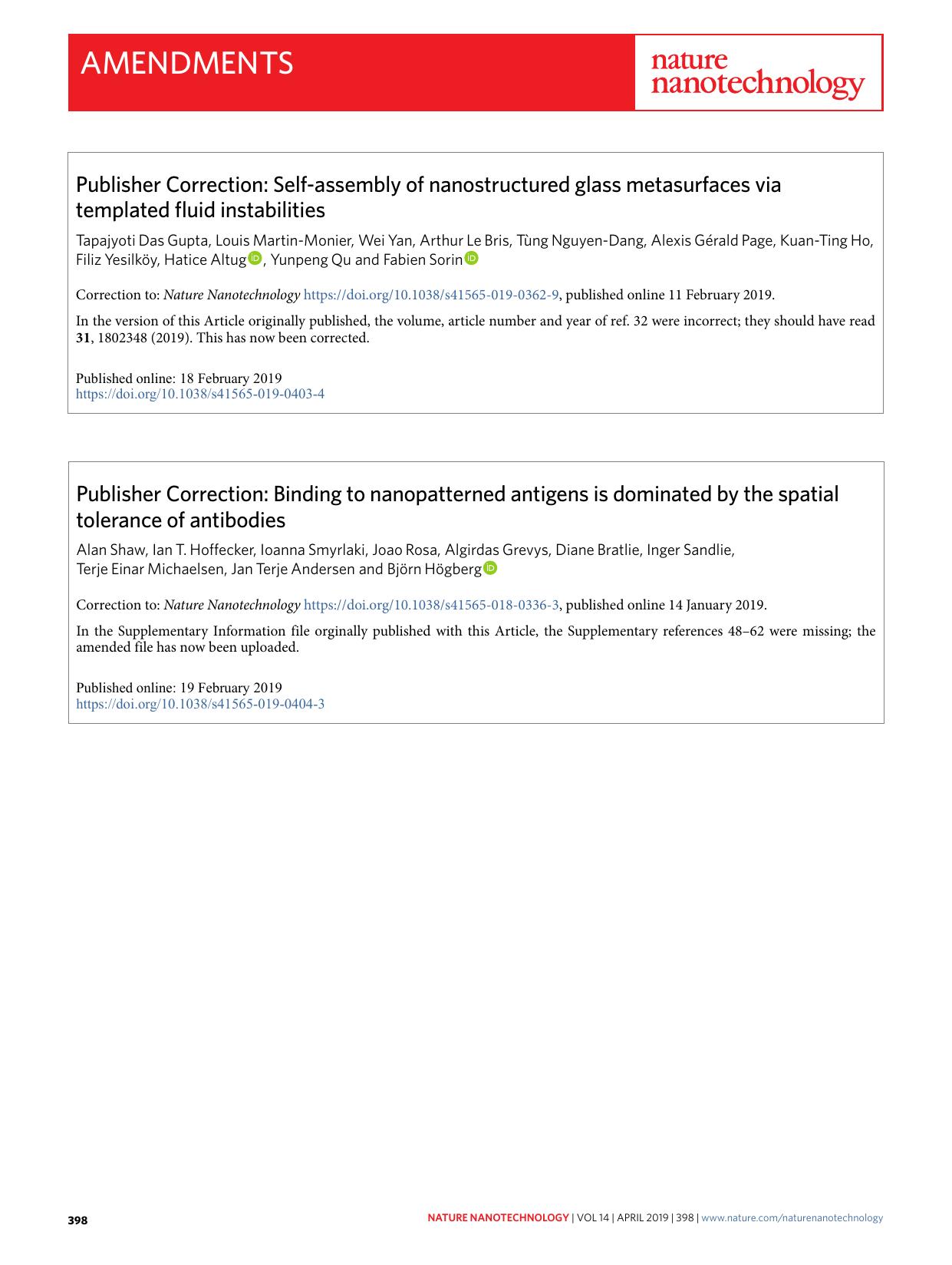 Publisher Correction: Self-assembly of nanostructured glass metasurfaces via templated fluid instabilities by unknow