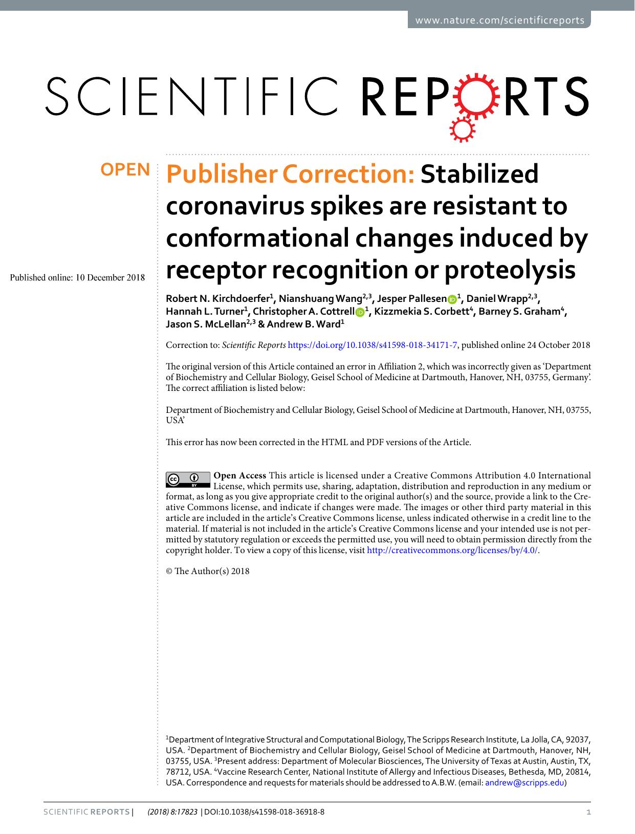 Publisher Correction: Stabilized coronavirus spikes are resistant to conformational changes induced by receptor recognition or proteolysis by Unknown