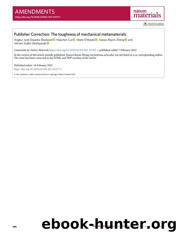 Publisher Correction: The toughness of mechanical metamaterials by unknow