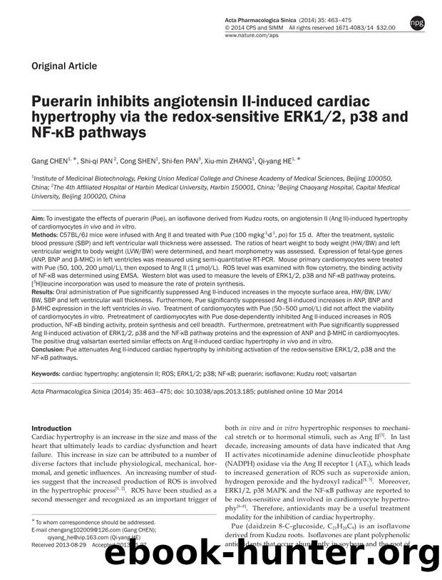 Puerarin inhibits angiotensin II-induced cardiac hypertrophy via the redox-sensitive ERK12, p38 and NF-ÎºB pathways by Gang Chen & Shi-qi Pan & Cong Shen & Shi-fen Pan & Xiu-min Zhang & Qi-yang He