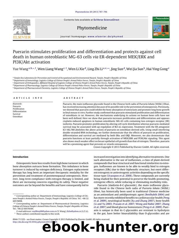Puerarin stimulates proliferation and differentiation and protects against cell death in human osteoblastic MG-63 cells via ER-dependent MEKERK and PI3KAkt activation by Yue Wang & Wen Liang Wang & Wen Li Xie & Ling Zhi Li & Jing Sun & Wei Jia Sun & Hai Ying Gong