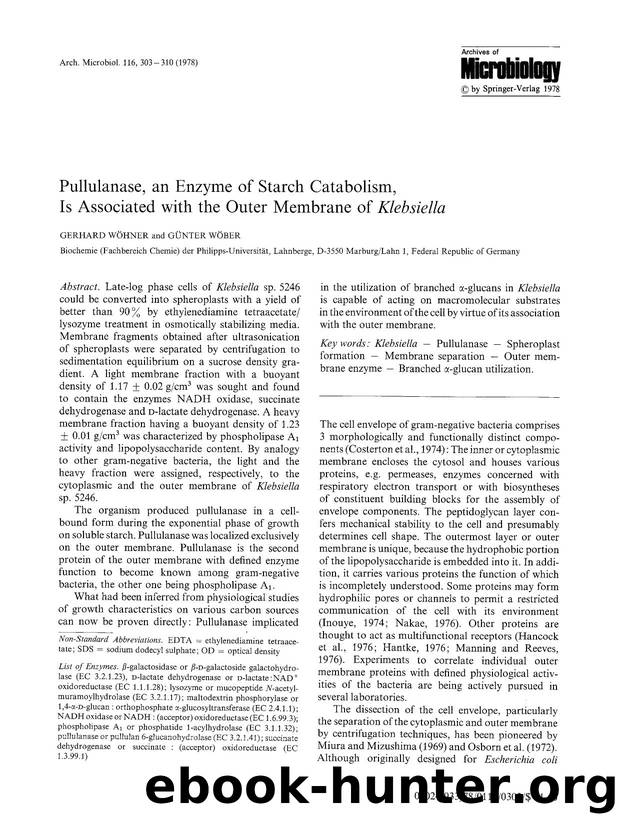 Pullulanase, an enzyme of starch catabolism, is associated with the outer membrane of <Emphasis Type="Italic">Klebsiella<Emphasis> by Unknown