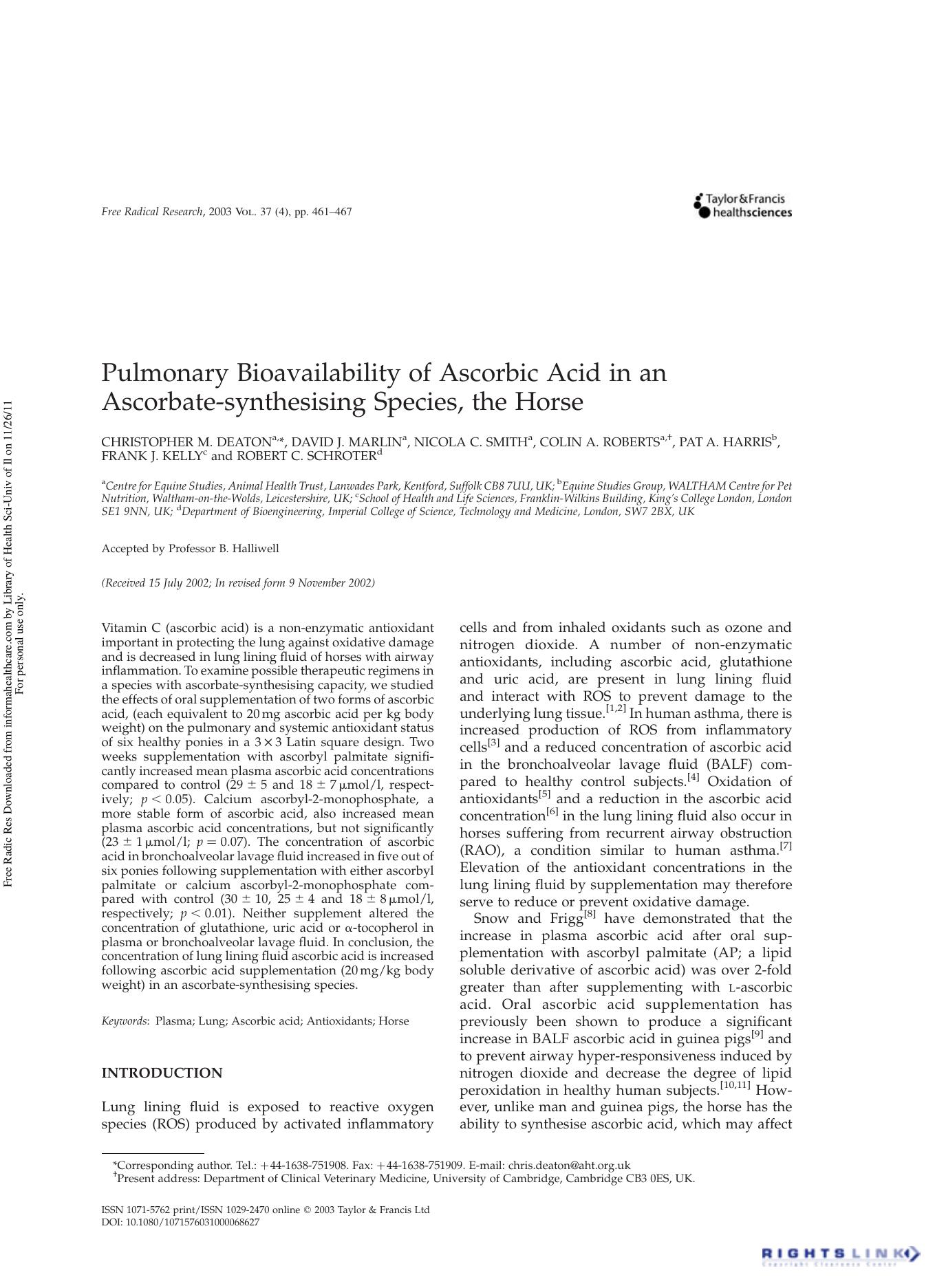 Pulmonary Bioavailability of Ascorbic Acid in an Ascorbate-synthesising Species, the Horse by unknow