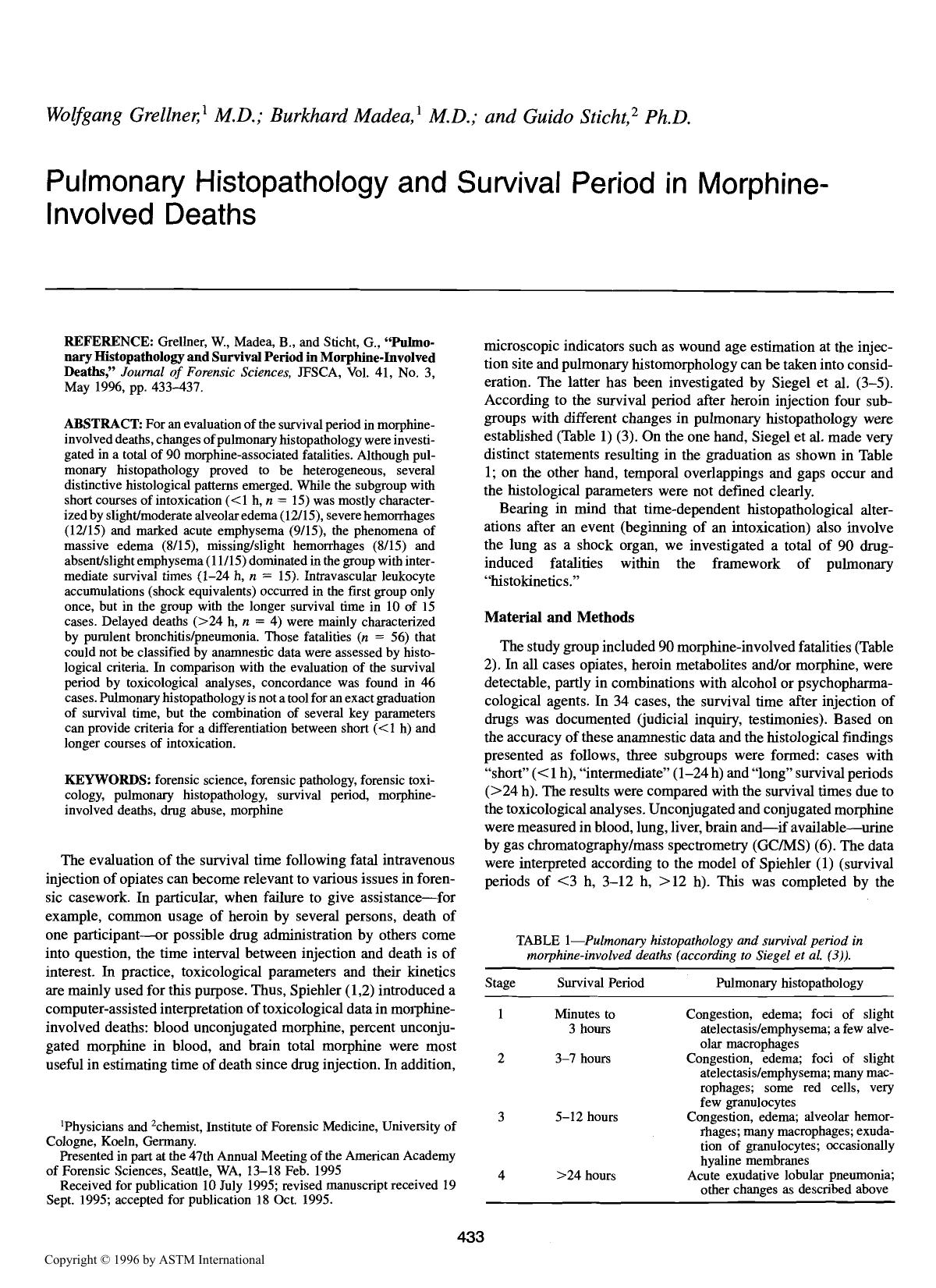 Pulmonary Histopathology and Survival Period in Morphine-Involved Deaths by Grellner W Madea B Sticht G
