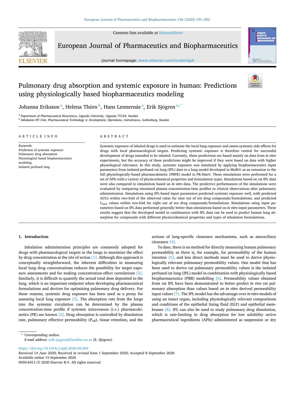 Pulmonary drug absorption and systemic exposure in human: Predictions using physiologically based biopharmaceutics modeling by Johanna Eriksson & Helena Thörn & Hans Lennernäs & Erik Sjögren