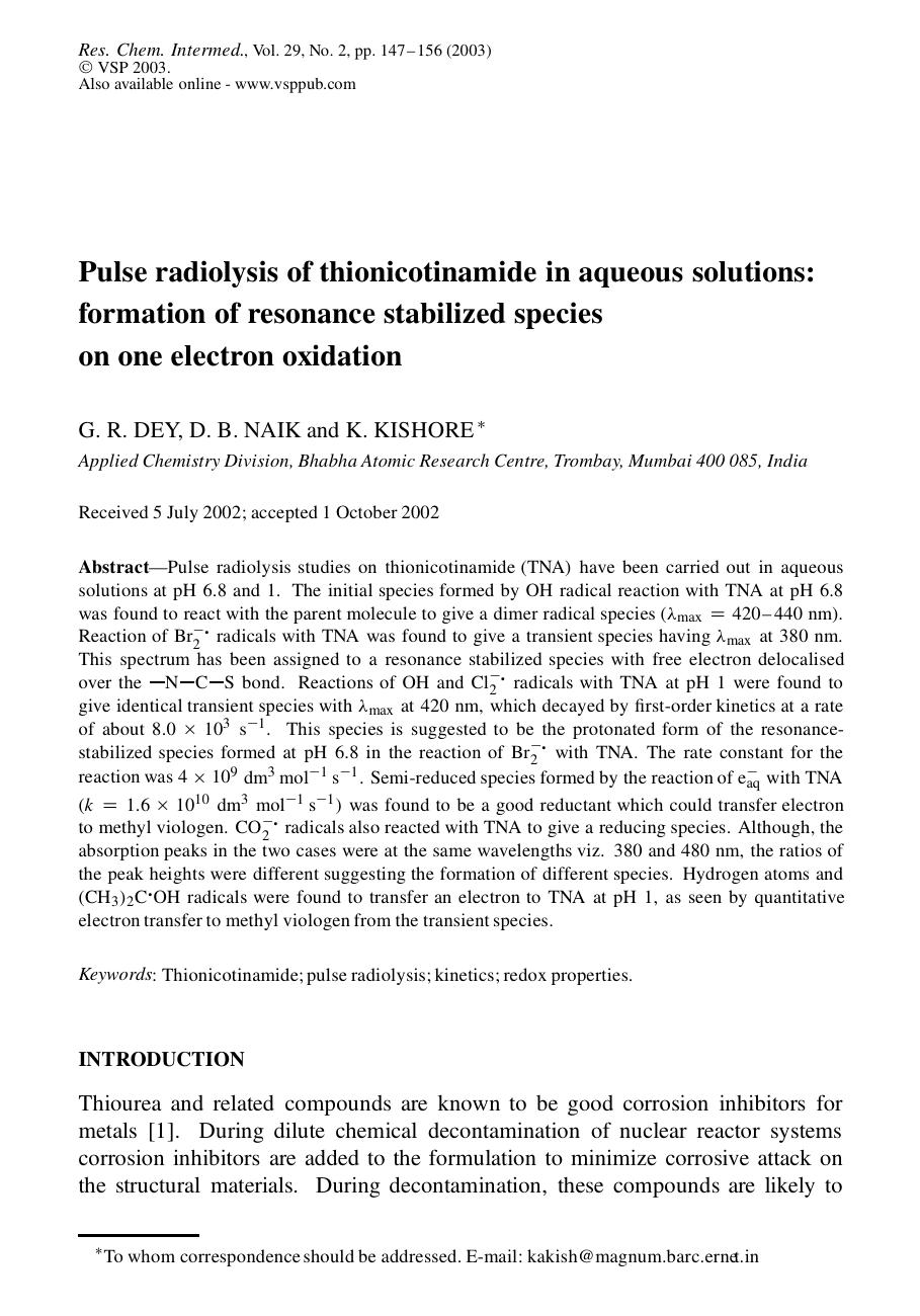 Pulse radiolysis of thionicotinamide in aqueous solutions: formation of resonance stabilized species on one electron oxidation by Unknown