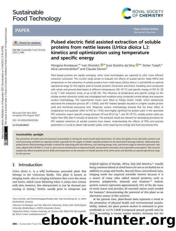 Pulsed electric field assisted extraction of soluble proteins from nettle leaves (Urtica dioica&nbsp;L.): kinetics and optimization using temperature and specific energy by unknow