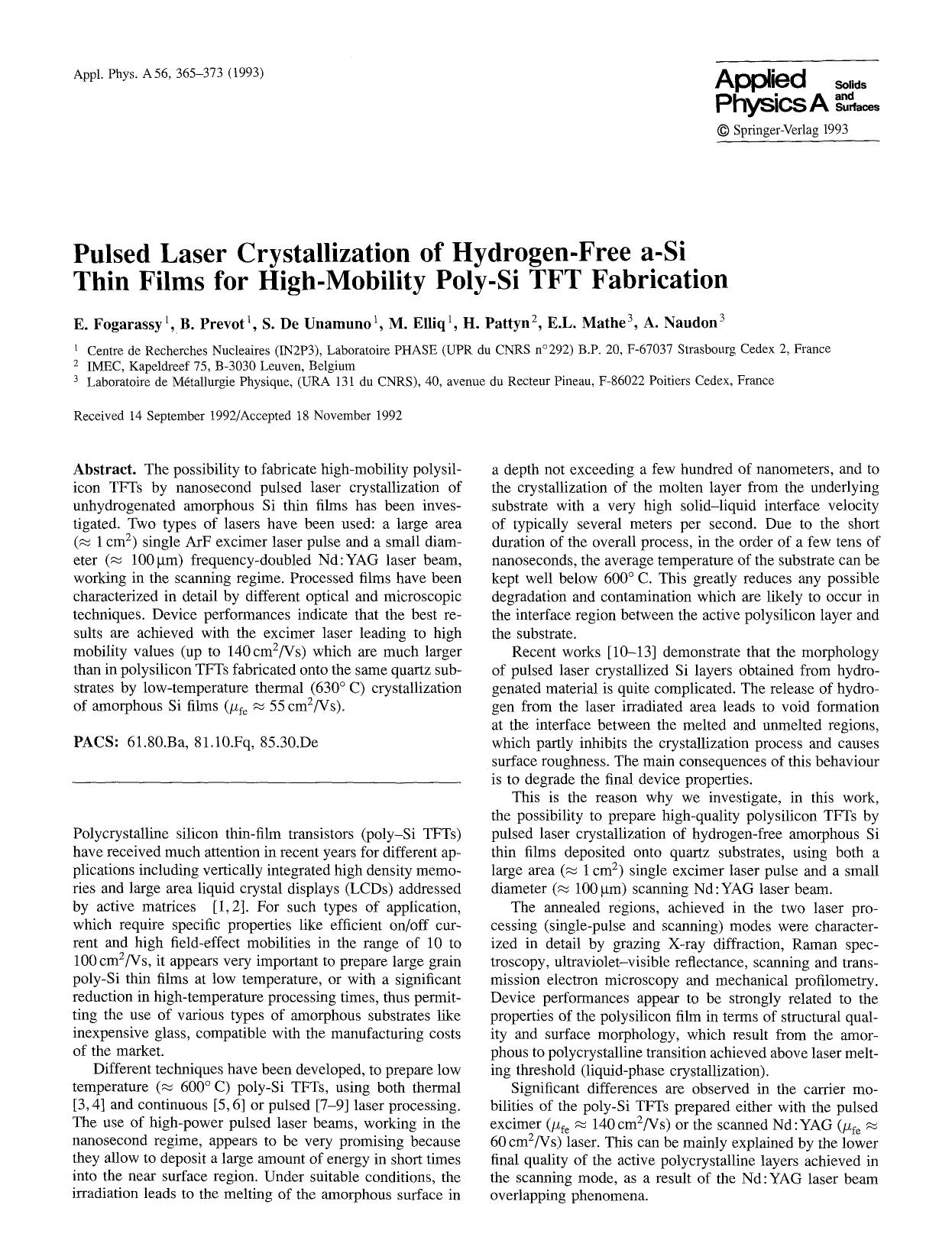 Pulsed laser crystallization of hydrogen-free a-Si thin films for high-mobility poly-Si TFT fabrication by Unknown