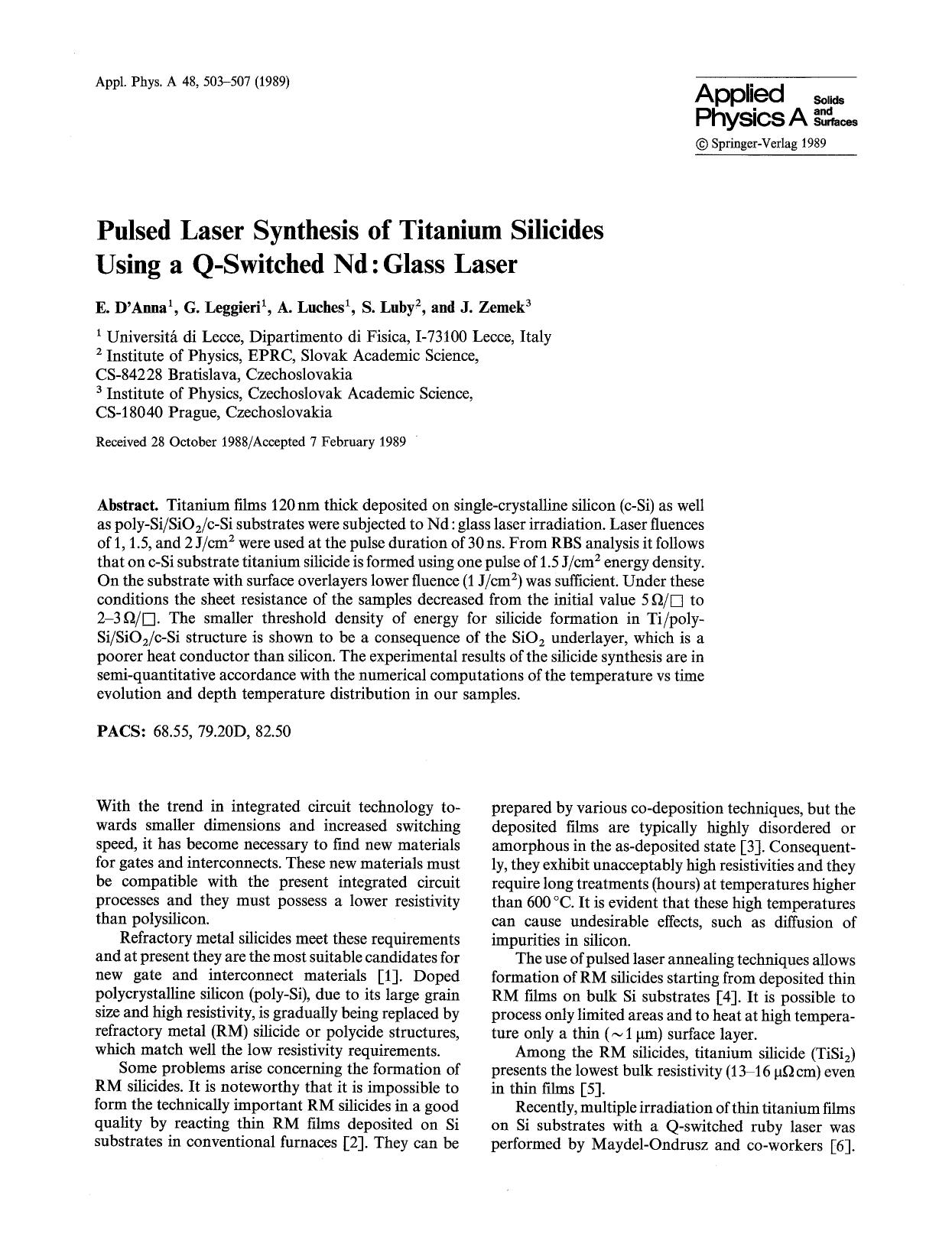 Pulsed laser synthesis of titanium silicides using a Q-Switched Nd: Glass laser by Unknown