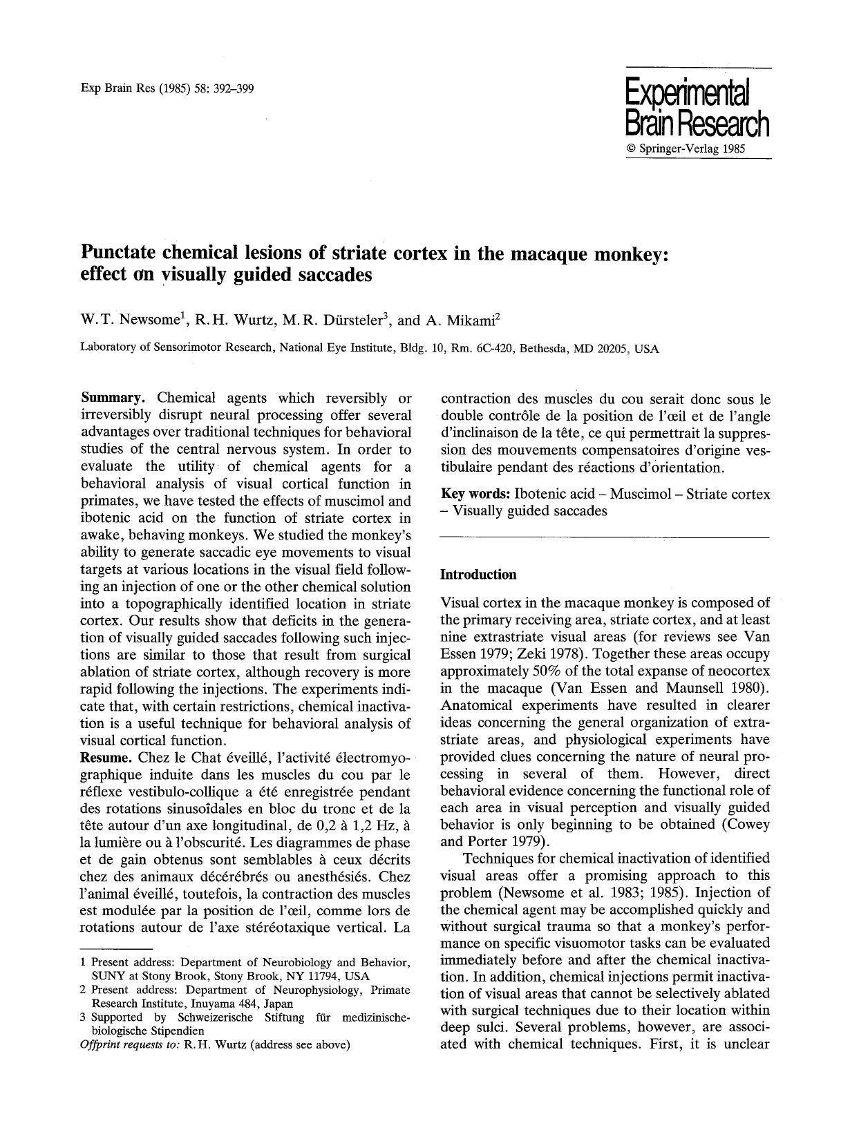 Punctate chemical lesions of striate cortex in the macaque monkey: effect on visually guided saccades by Unknown