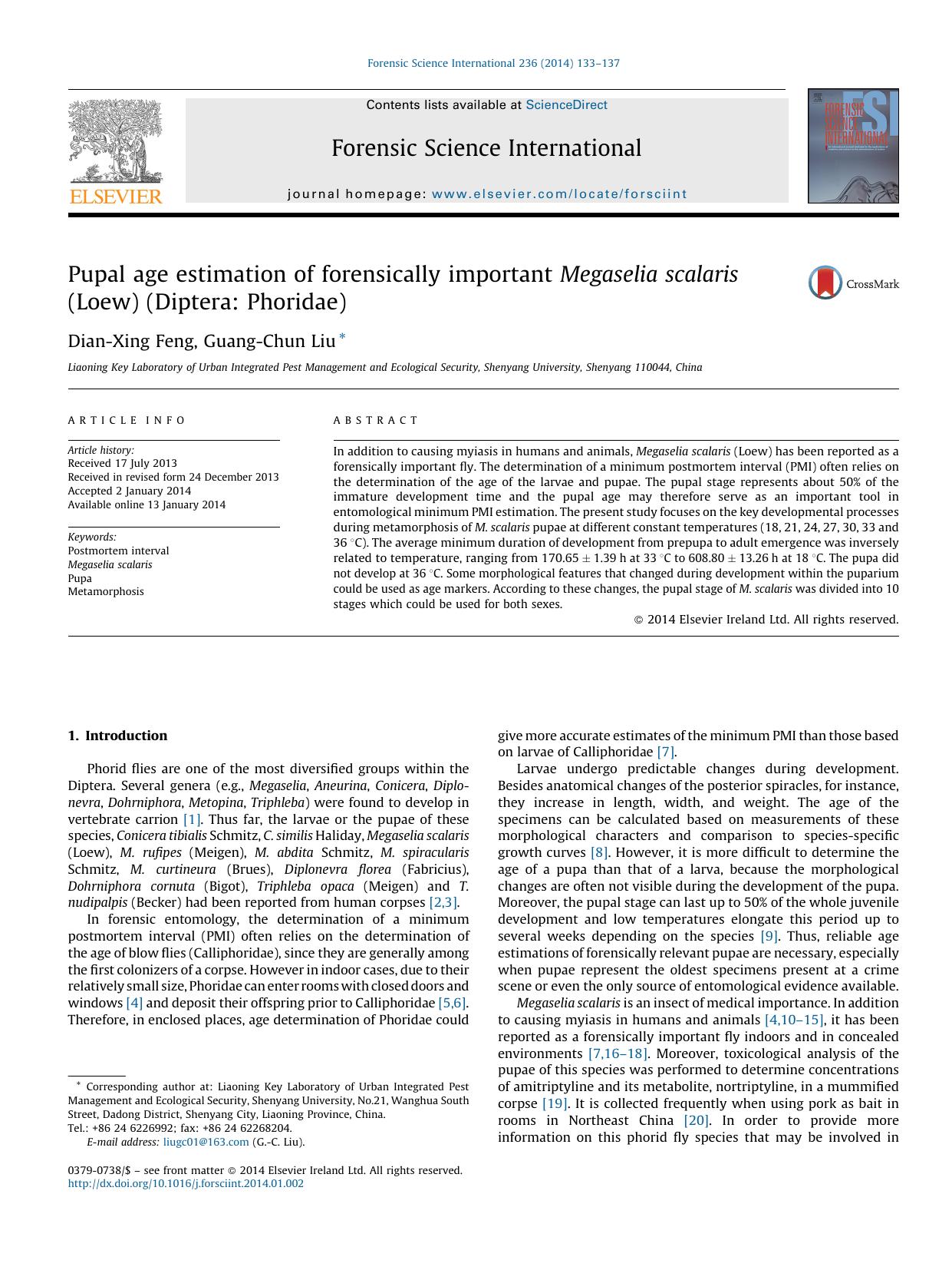 Pupal age estimation of forensically important Megaselia scalaris (Loew) (Diptera: Phoridae) by Dian-Xing Feng