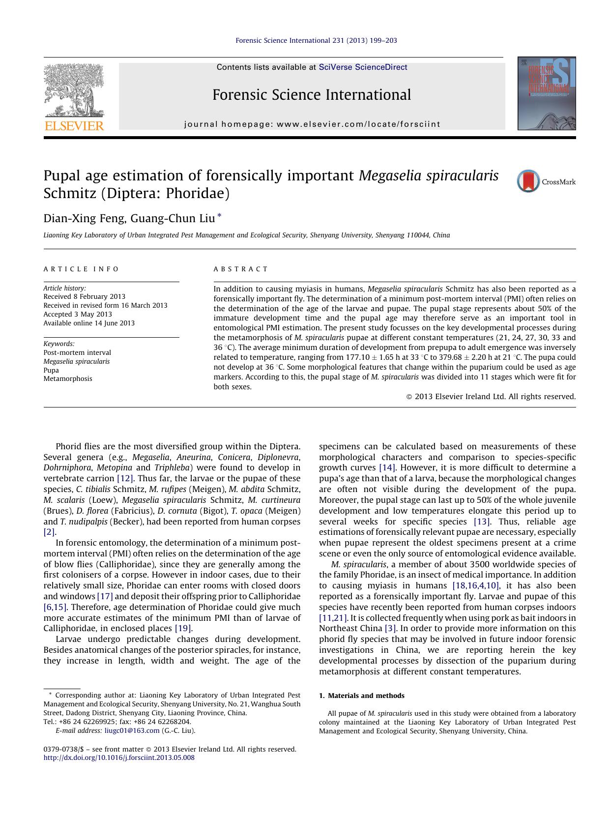 Pupal age estimation of forensically important Megaselia spiracularis Schmitz (Diptera: Phoridae) by Dian-Xing Feng & Guang-Chun Liu