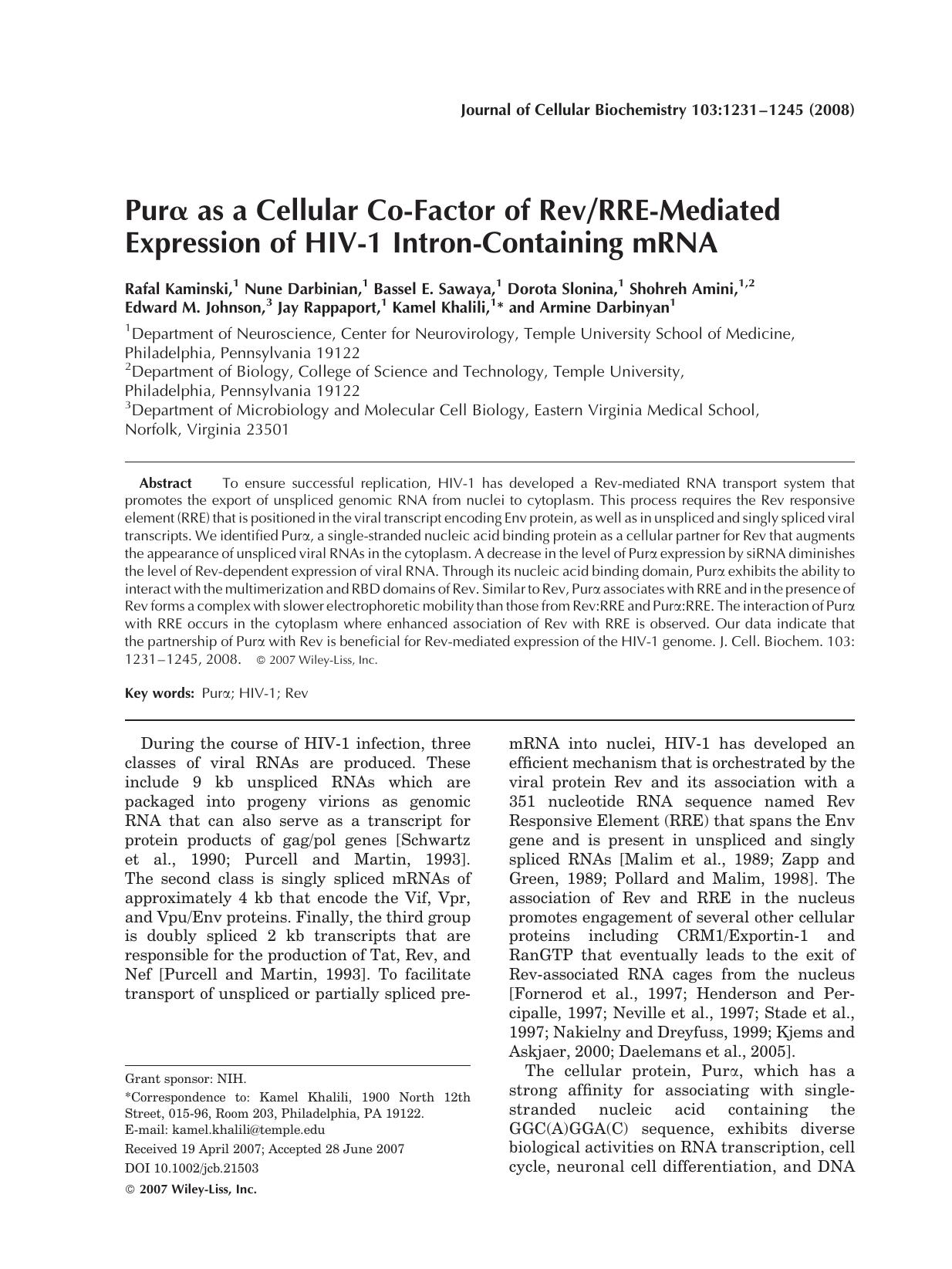 Pur[alpha] as a cellular co-factor of RevRRE-mediated expression of HIV-1 intron-containing mRNA by Unknown