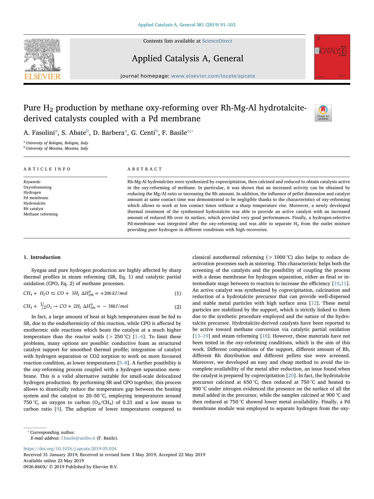 Pure H2 production by methane oxy-reforming over Rh-Mg-Al hydrotalcite-derived catalysts coupled with a Pd membrane by A. Fasolini & S. Abate & D. Barbera & G. Centi & F. Basile