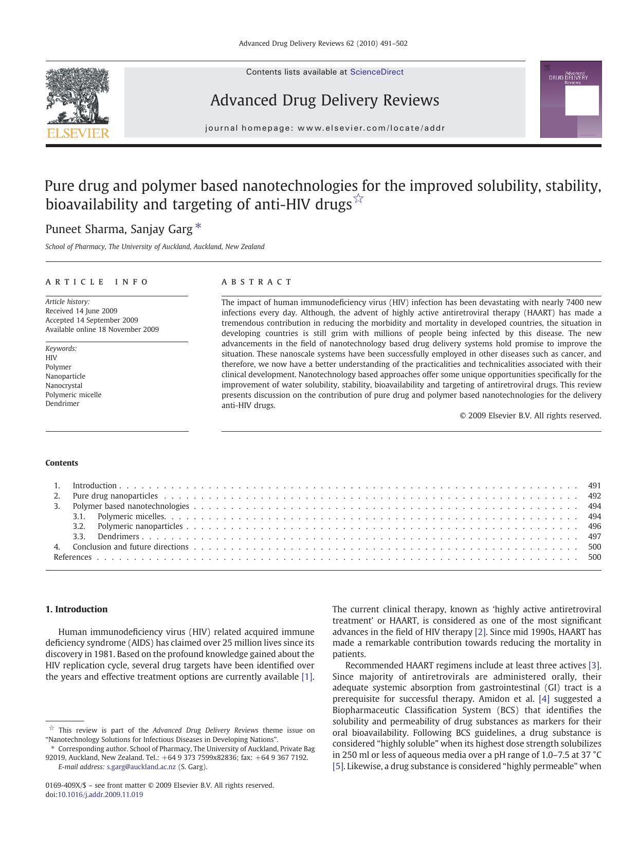 Pure drug and polymer based nanotechnologies for the improved solubility, stability, bioavailability and targeting of anti-HIV drugs by Puneet Sharma; Sanjay Garg