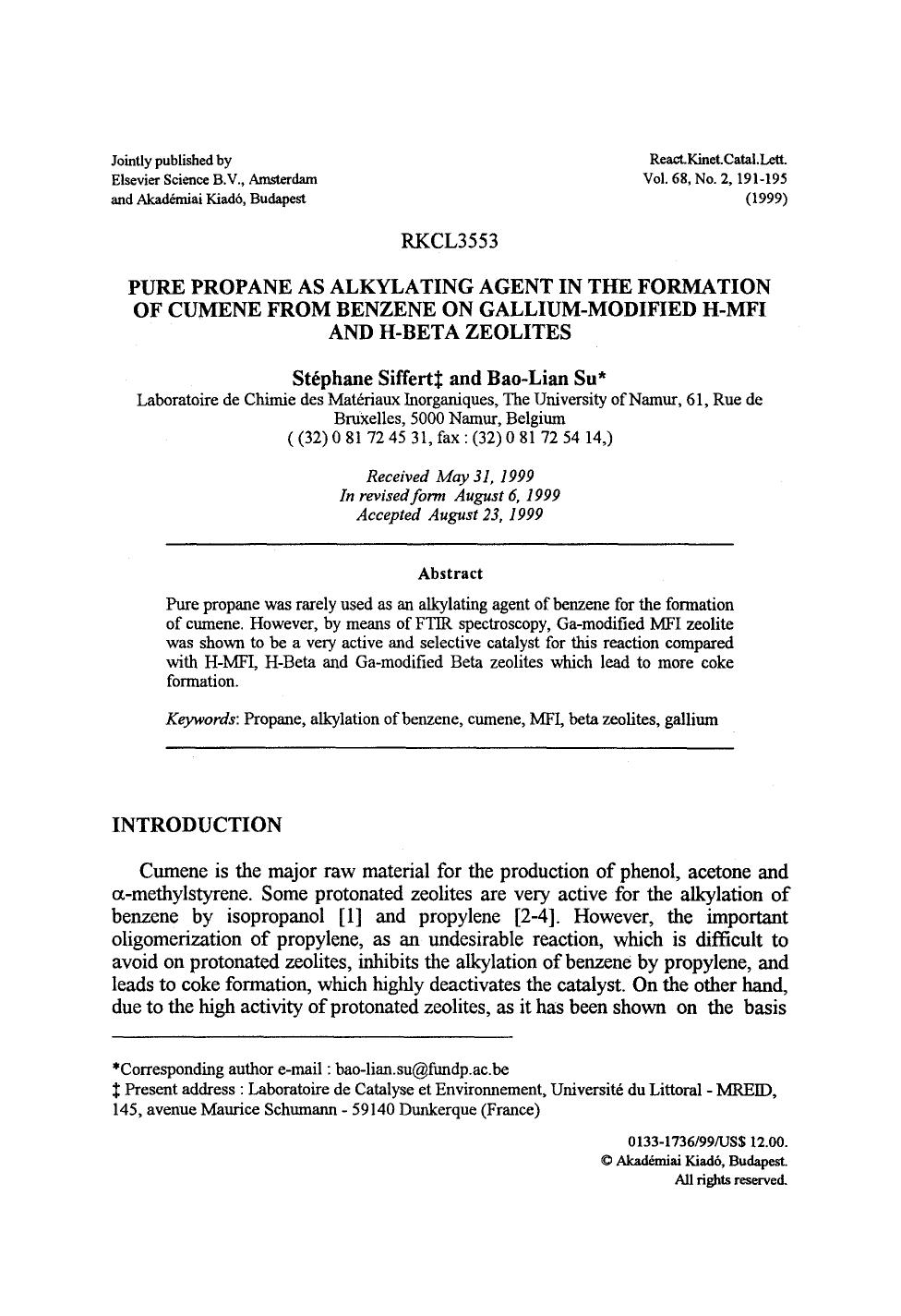 Pure propane as alkylating agent in the formation of cumene from benzene on gallium-modified H-MFI and H-Beta zeolites by Unknown