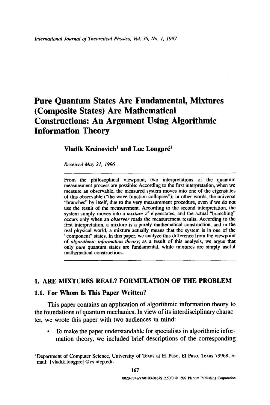 Pure quantum states are fundamental, mixtures (composite states) are mathematical constructions: An argument using algorithmic information theory by Unknown