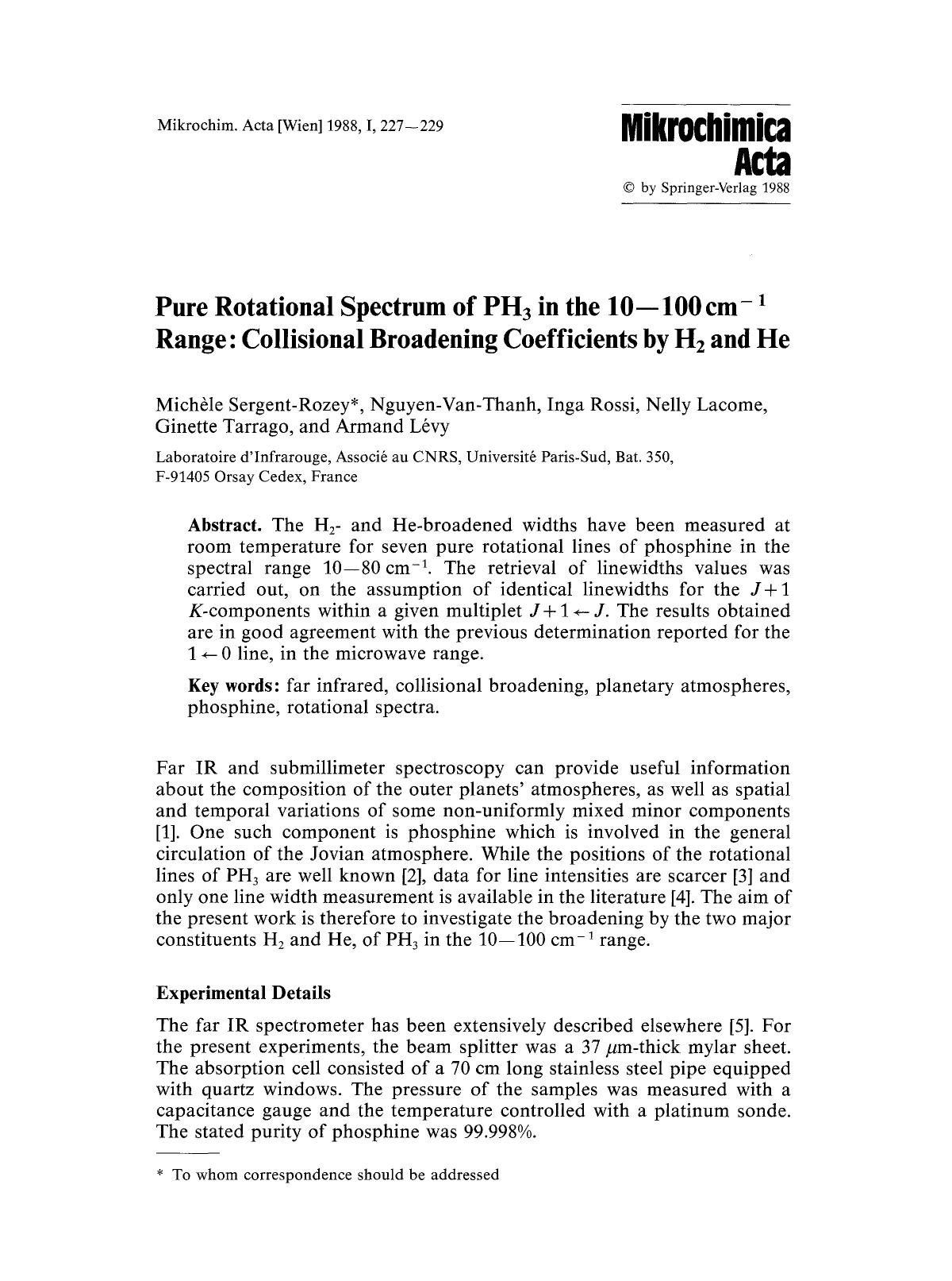 Pure rotational spectrum of PH <Subscript>3 <Subscript> in the 10&#x2013;100 cm <Superscript>&#x2212;1 <Superscript> range: Collisional broadening coefficients by H <Subscript>2 <Subscript> and He by Unknown