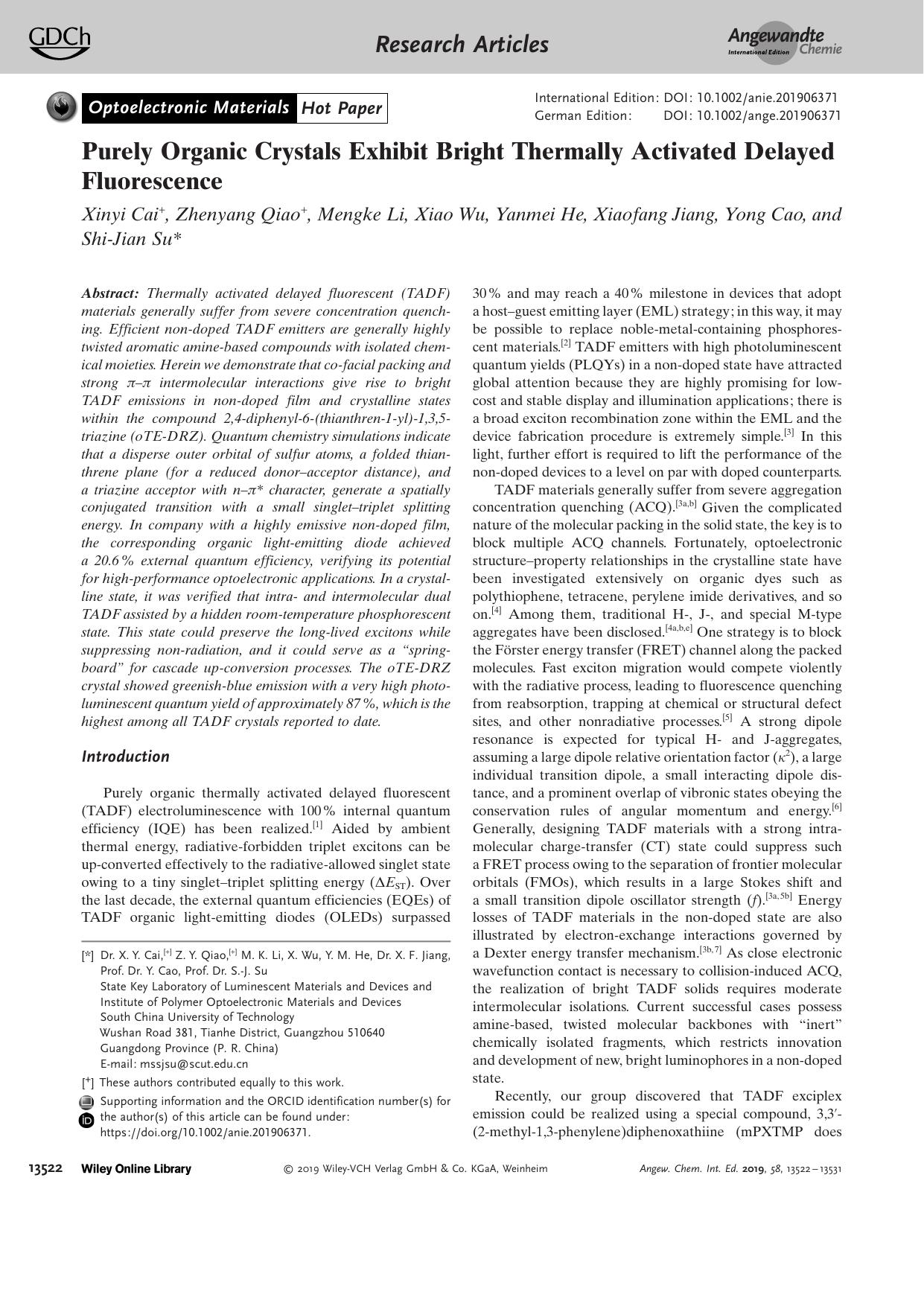 Purely Organic Crystals Exhibit Bright Thermally Activated Delayed Fluorescence by Unknown
