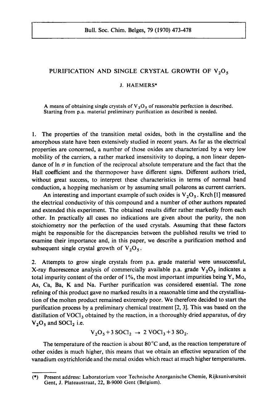 Purification and Single Crystal Growth of V2O5 by Unknown