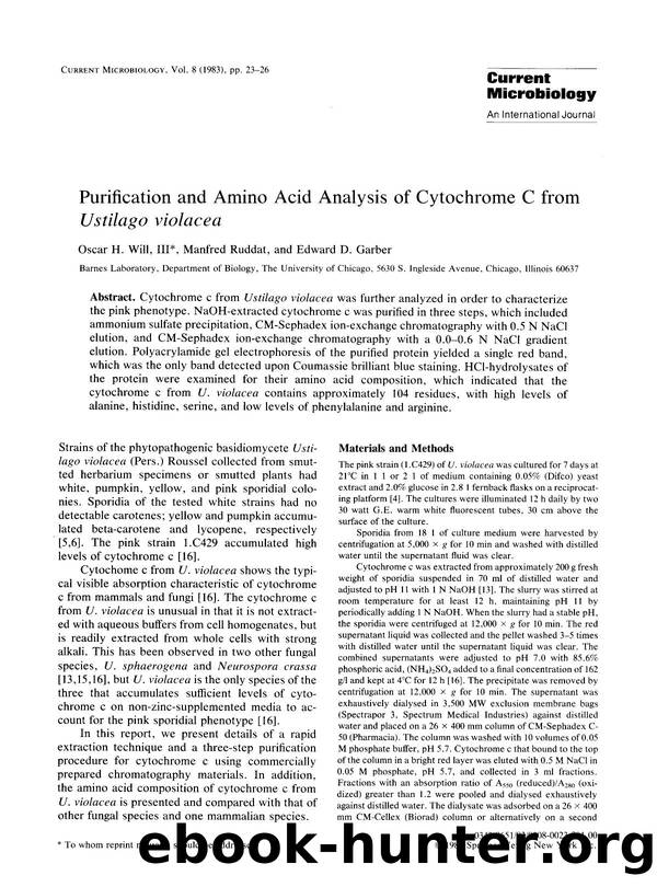 Purification and amino acid analysis of cytochrome c from <Emphasis Type="Italic">Ustilago violacea <Emphasis> by Unknown