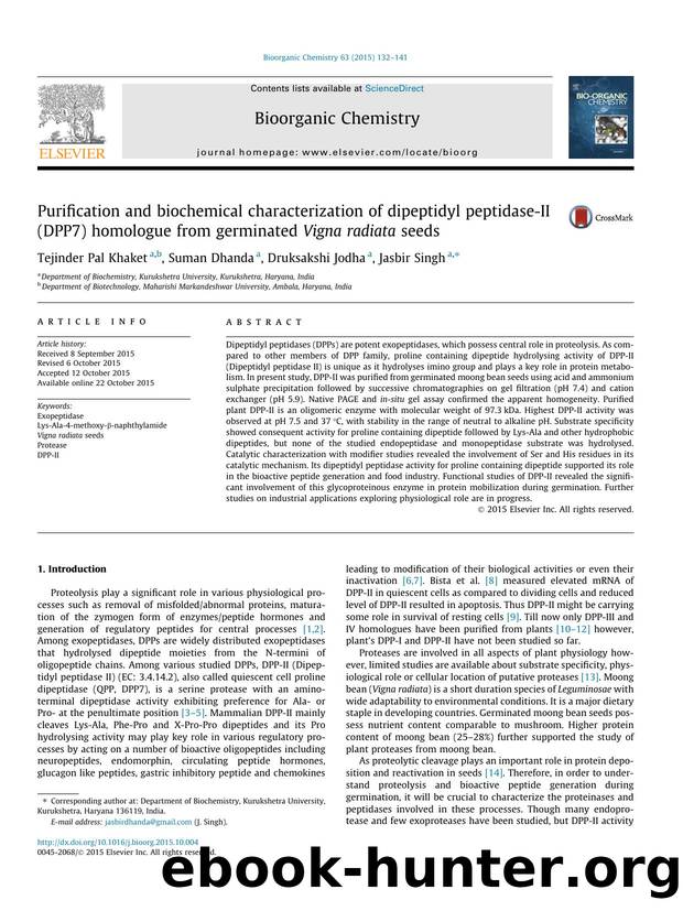 Purification and biochemical characterization of dipeptidyl peptidase-II (DPP7) homologue from germinated Vigna radiata seeds by Tejinder Pal Khaket & Suman Dhanda & Druksakshi Jodha & Jasbir Singh