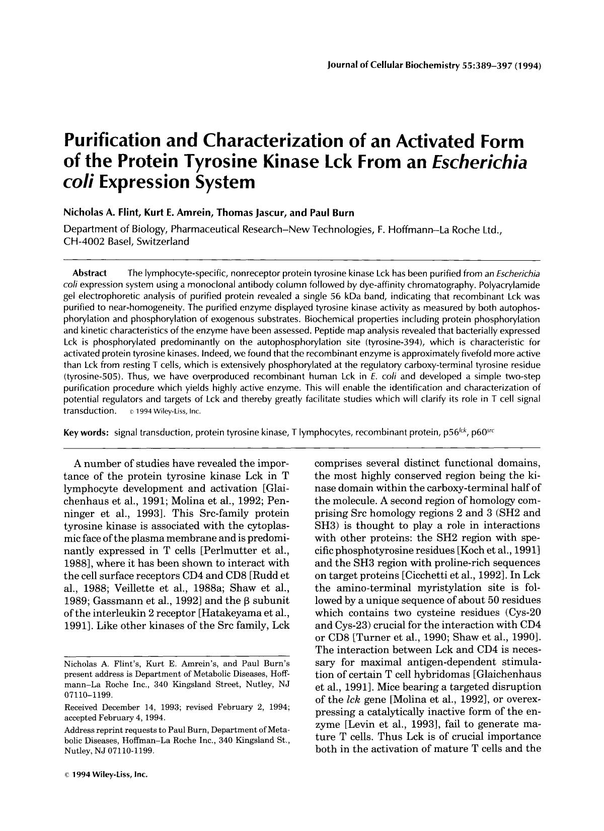 Purification and characterization of an activated form of the protein tyrosine kinase Lck from an Escherichia coli expression system by Unknown