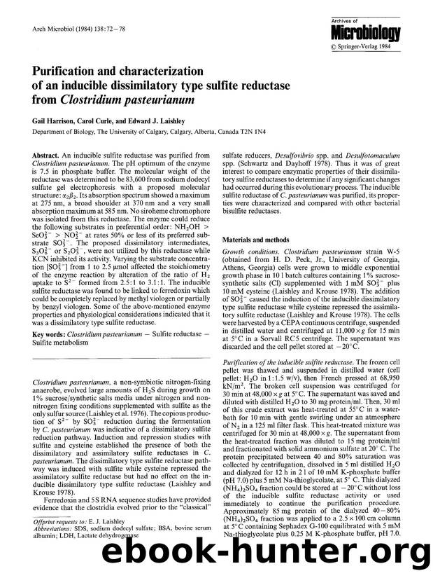 Purification and characterization of an inducible dissimilatory type sulfite reductase from <Emphasis Type="Italic">Clostridium pasteurianum<Emphasis> by Unknown