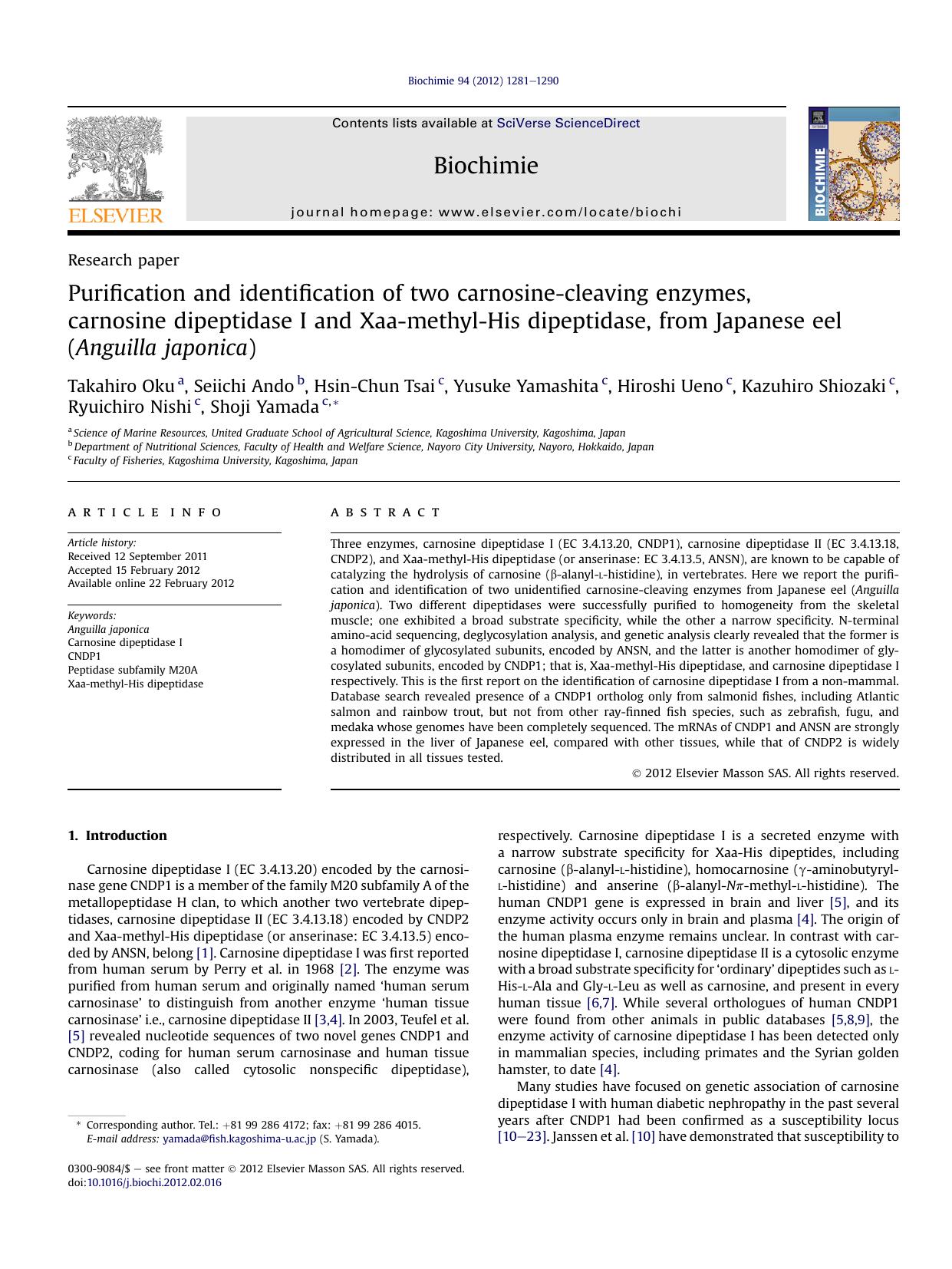 Purification and identification of two carnosine-cleaving enzymes, carnosine dipeptidase I and Xaa-methyl-His dipeptidase, from Japanese eel (Anguilla japonica) by unknow