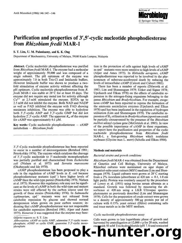 Purification and properties of 3&#x2032;,5&#x2032;-cyclic nucleotide phosphodiesterase from <Emphasis Type="Italic">Rhizobium fredii<Emphasis> MAR-1 by Unknown