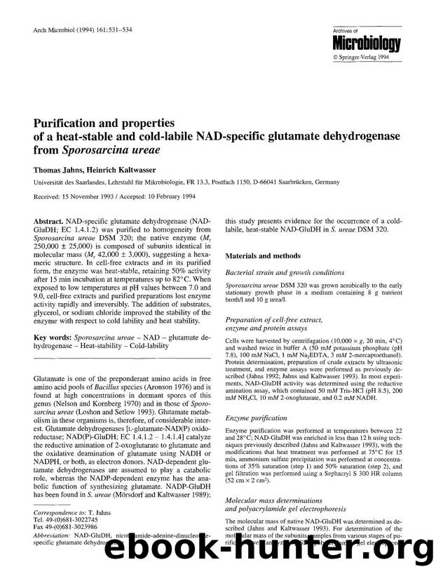 Purification and properties of a heat-stable and cold-labile NAD-specific glutamate dehydrogenase from <Emphasis Type="Italic">Sporosarcina ureae<Emphasis> by Unknown
