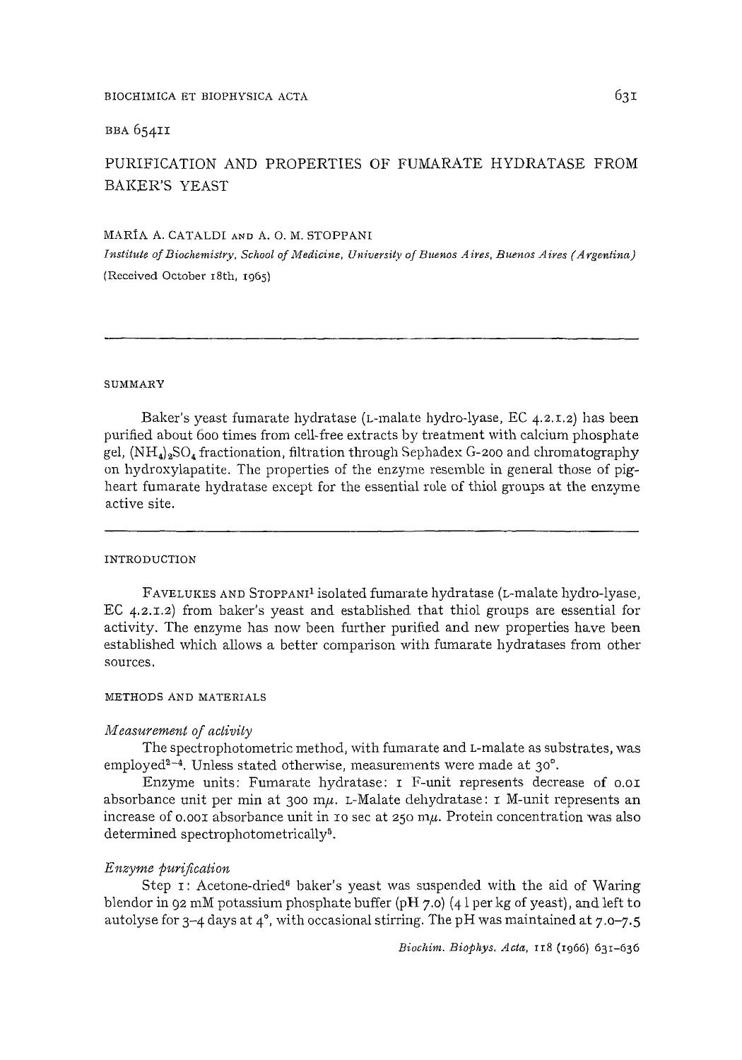 Purification and properties of fumarate hydratase from baker's yeast by María A. Cataldi; A.O.M. Stoppani