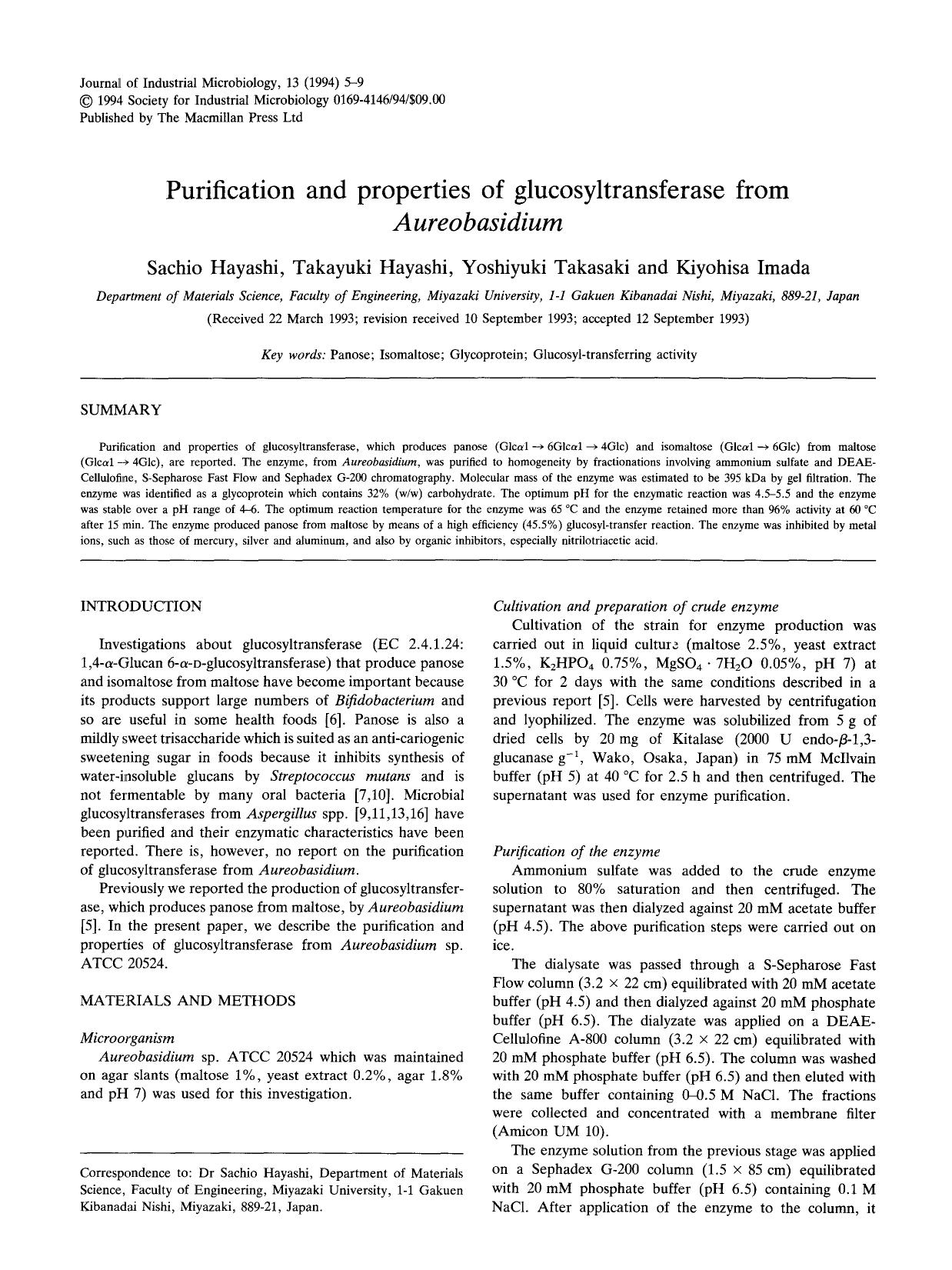 Purification and properties of glucosyltransferase from <Emphasis Type="Italic">Aureobasidium <Emphasis> by Unknown