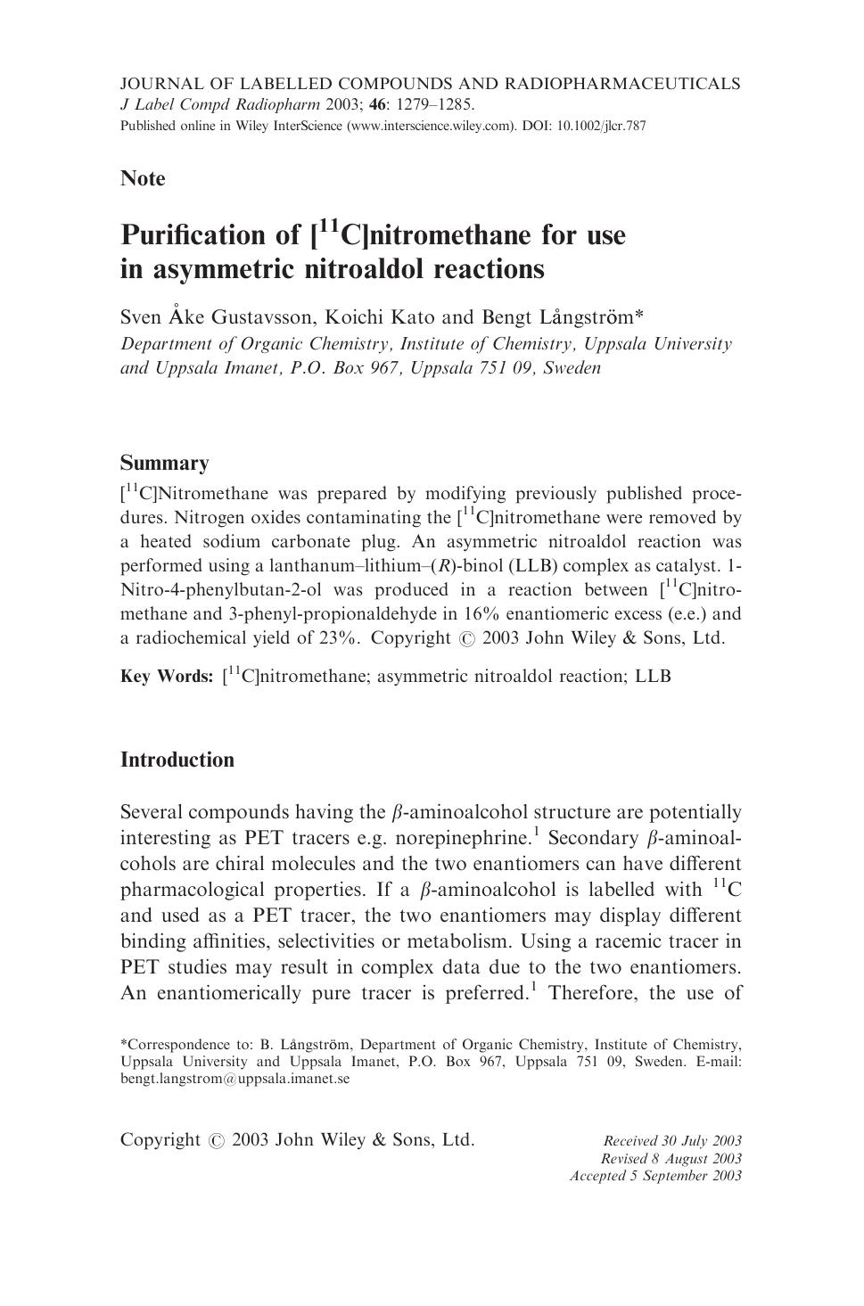 Purification of [11C]nitromethane for use in asymmetric nitroaldol reactions by Unknown