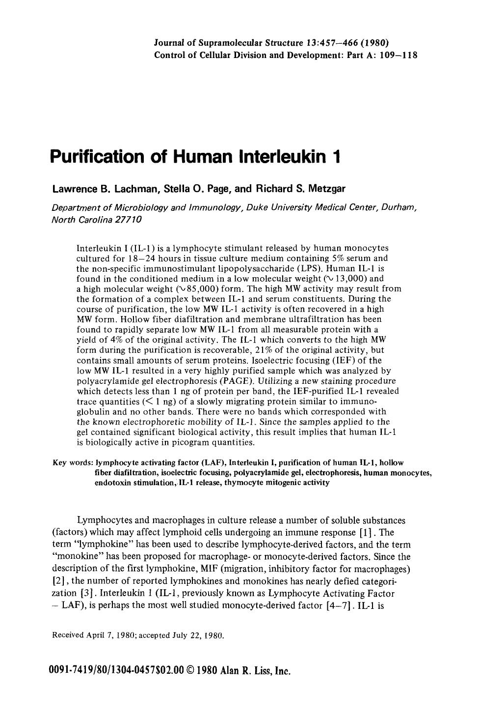 Purification of human interleukin 1 by Unknown