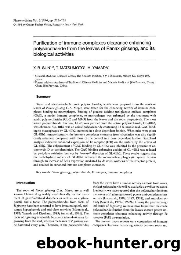 Purification of immune complexes clearance enhancing polysaccharide from the leaves of panax ginseng, and its biological activities by X.B. Sun & T. Matsumoto & H. Yamada