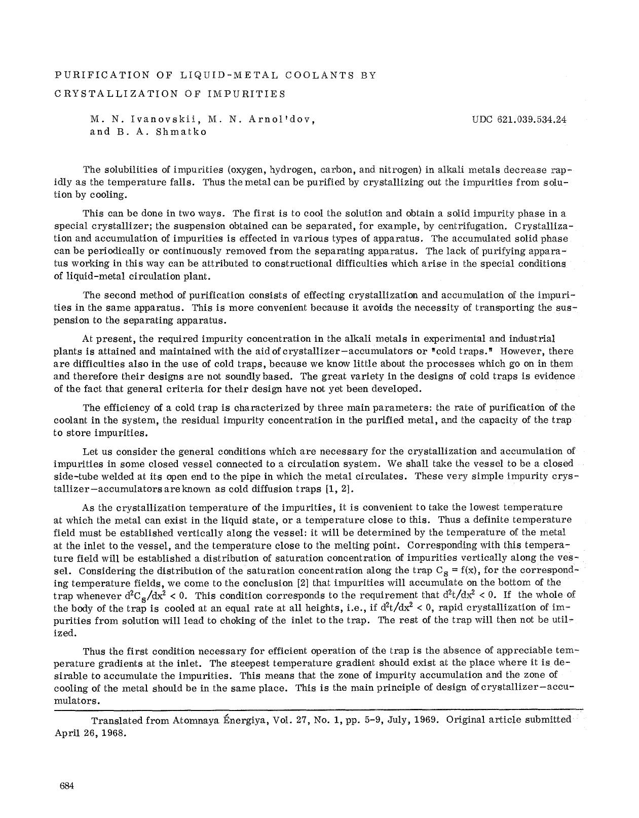 Purification of liquid-metal coolants by crystallization of impurities by Unknown