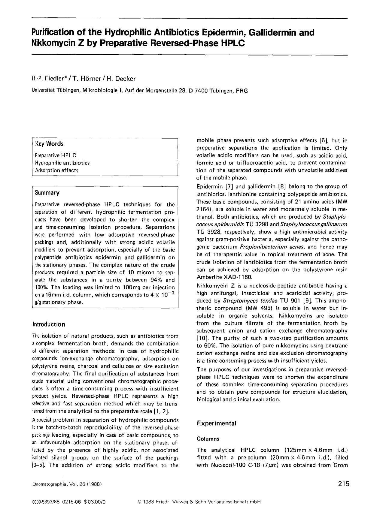 Purification of the hydrophilic antibiotics epidermin, gallidermin and nikkomycin Z by preparative reversed-phase HPLC by Unknown