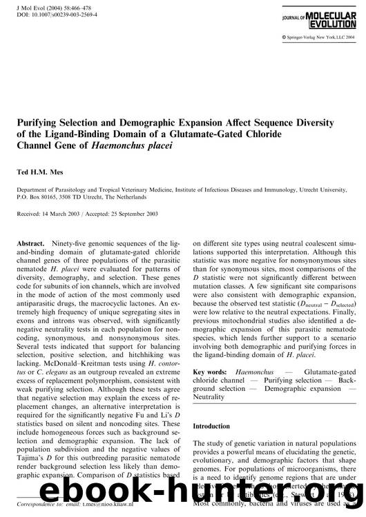 Purifying Selection and Demographic Expansion Affect Sequence Diversity of the Ligand-Binding Domain of a Glutamate-Gated Chloride Channel Gene of Haemonchus placei by Mes T.H.M