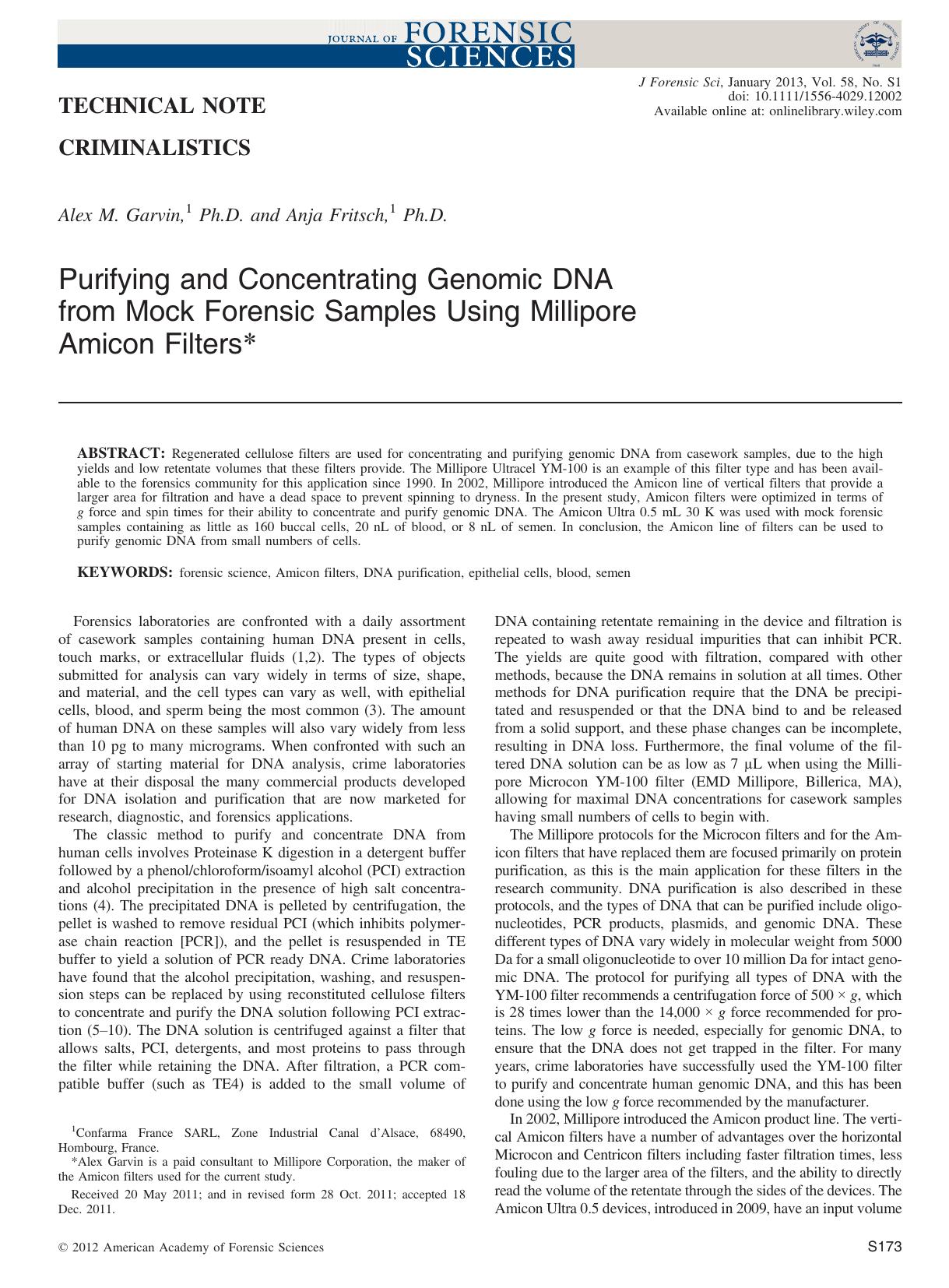 Purifying and Concentrating Genomic DNA from Mock Forensic Samples Using Millipore Amicon Filters by Unknown