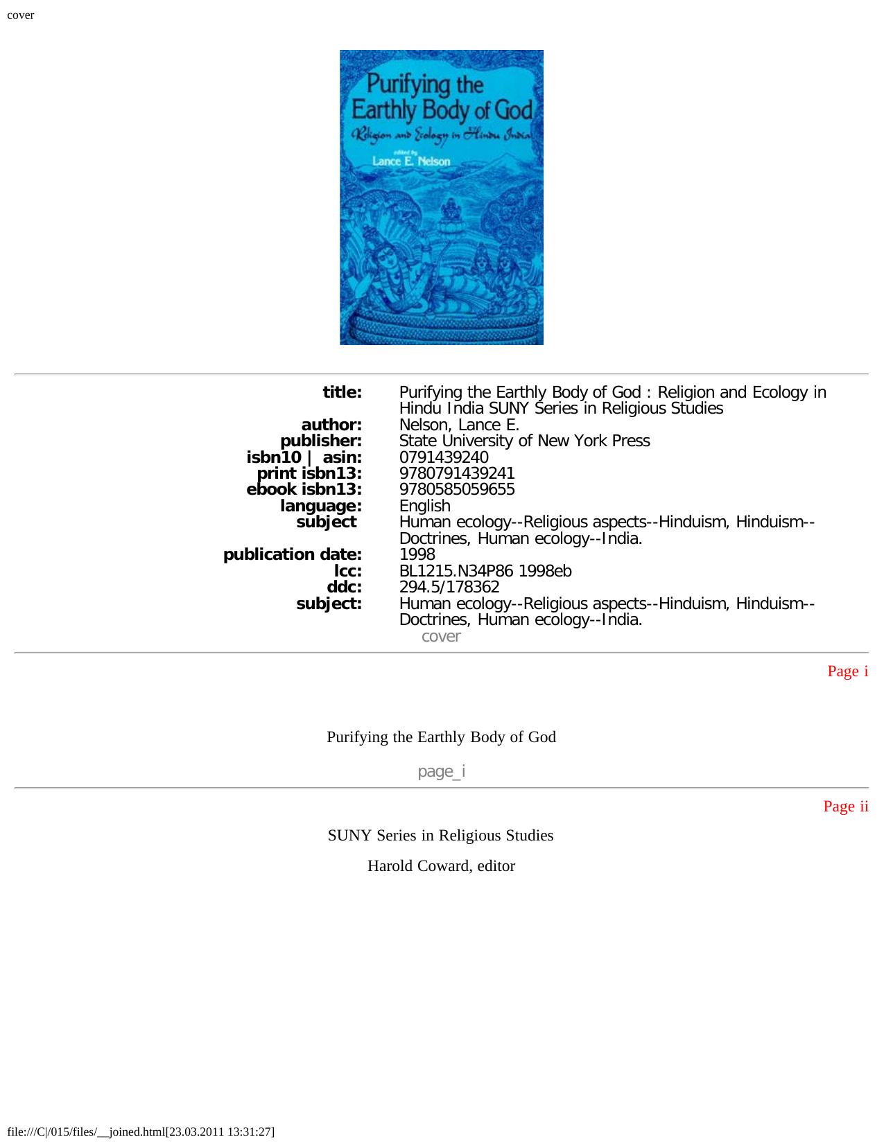 Purifying the Earthly Body of God: Religion and Ecology in Hindu India by Lance E. Nelson