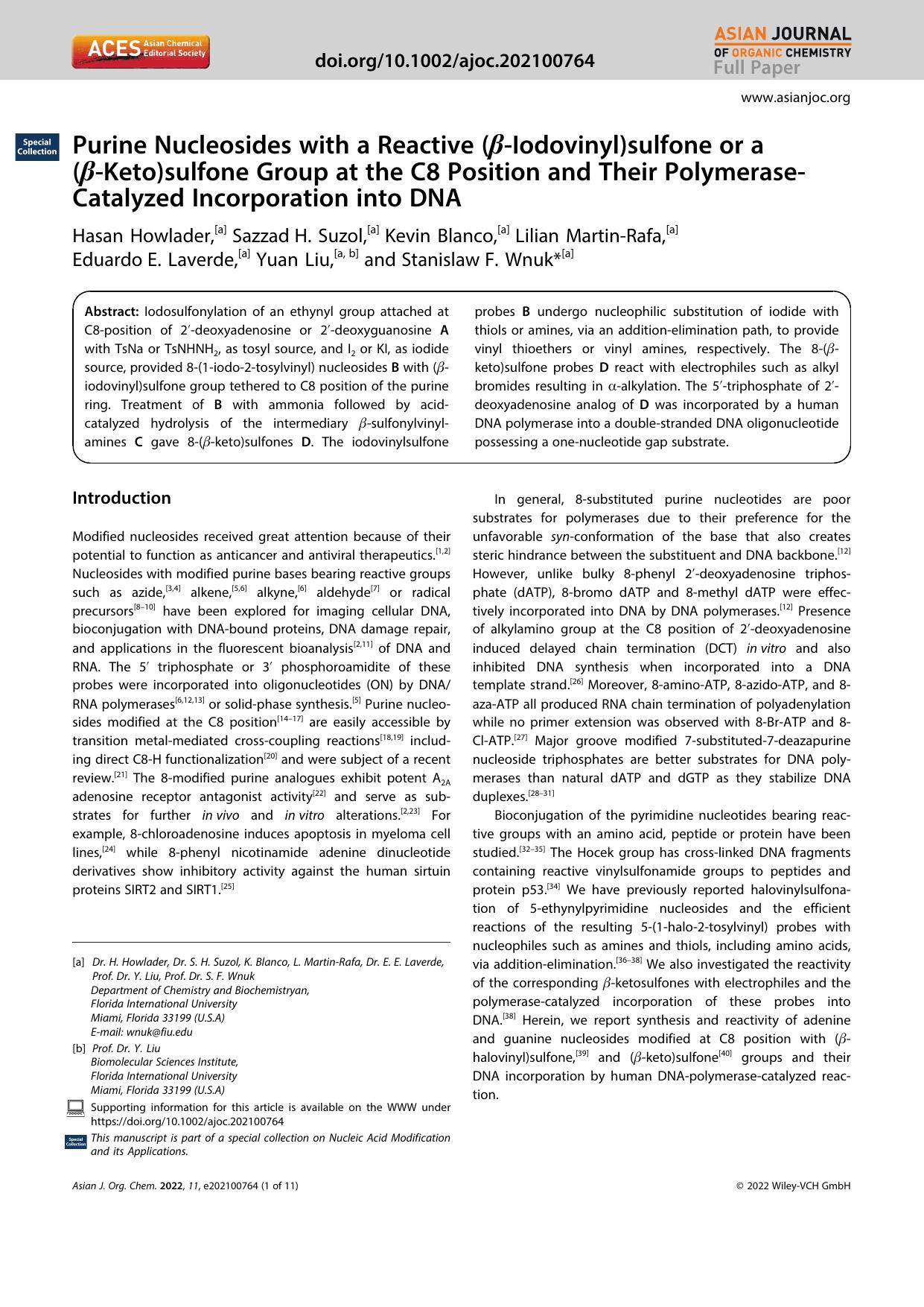 Purine Nucleosides with a Reactive (Î²âIodovinyl)sulfone or a (Î²âKeto)sulfone Group at the C8 Position and Their PolymeraseâCatalyzed Incorporation into DNA by Unknown
