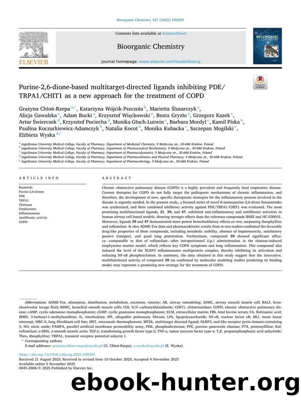 Purine-2,6-dione-based multitarget-directed ligands inhibiting PDETRPA1CHIT1 as a new approach for the treatment of COPD by Grażyna Chłoń-Rzepa